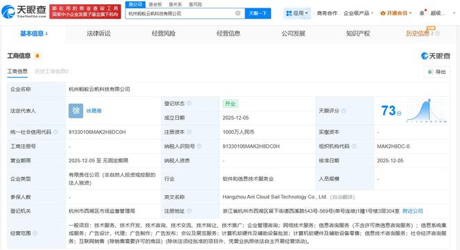 螞蟻集團(tuán)成立云帆科技，注冊(cè)資本1000萬(wàn)布局計(jì)算機(jī)軟硬件零售